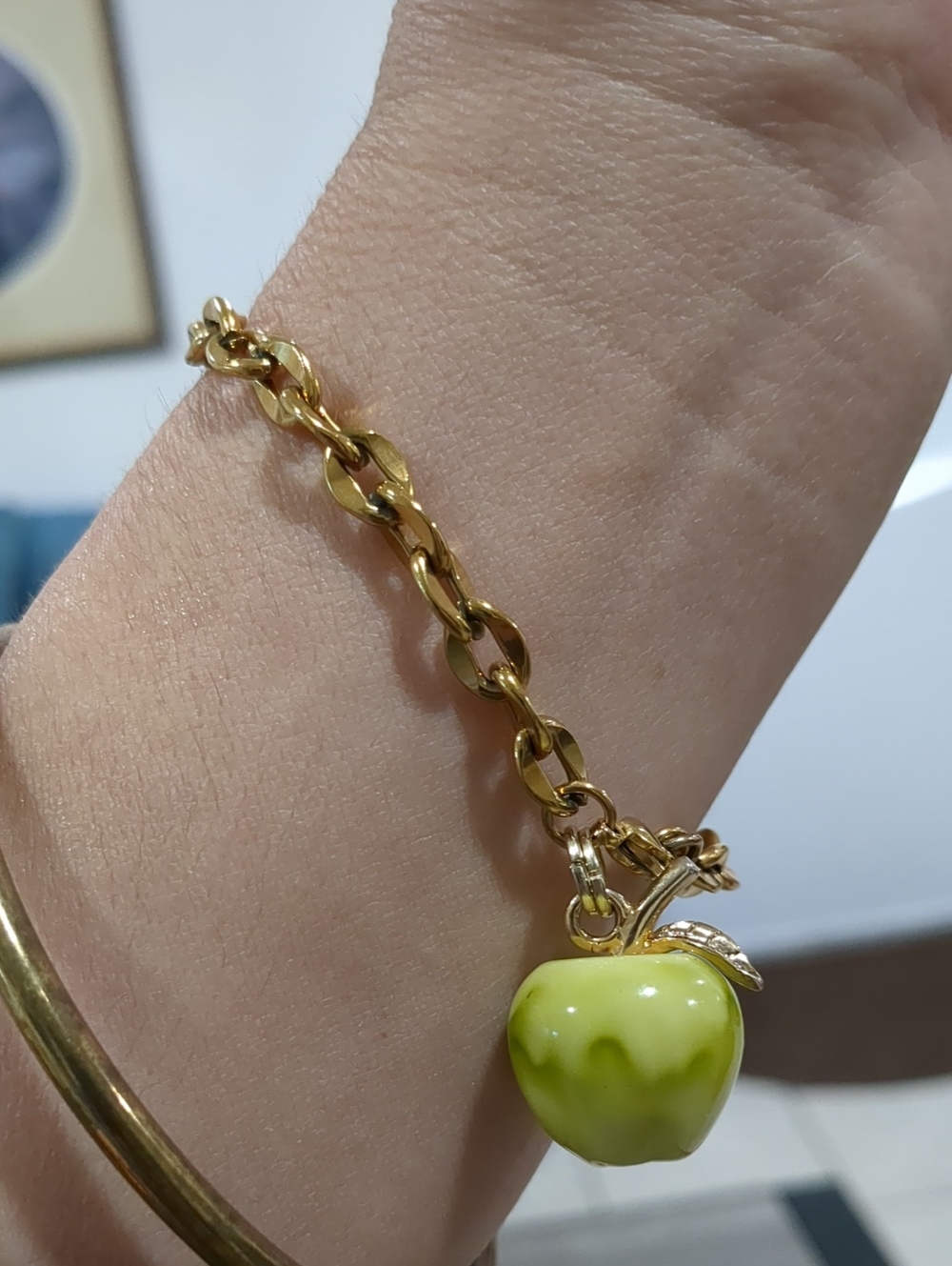 Stainless Steel Bracelet with Green Acrylic Apple Charm